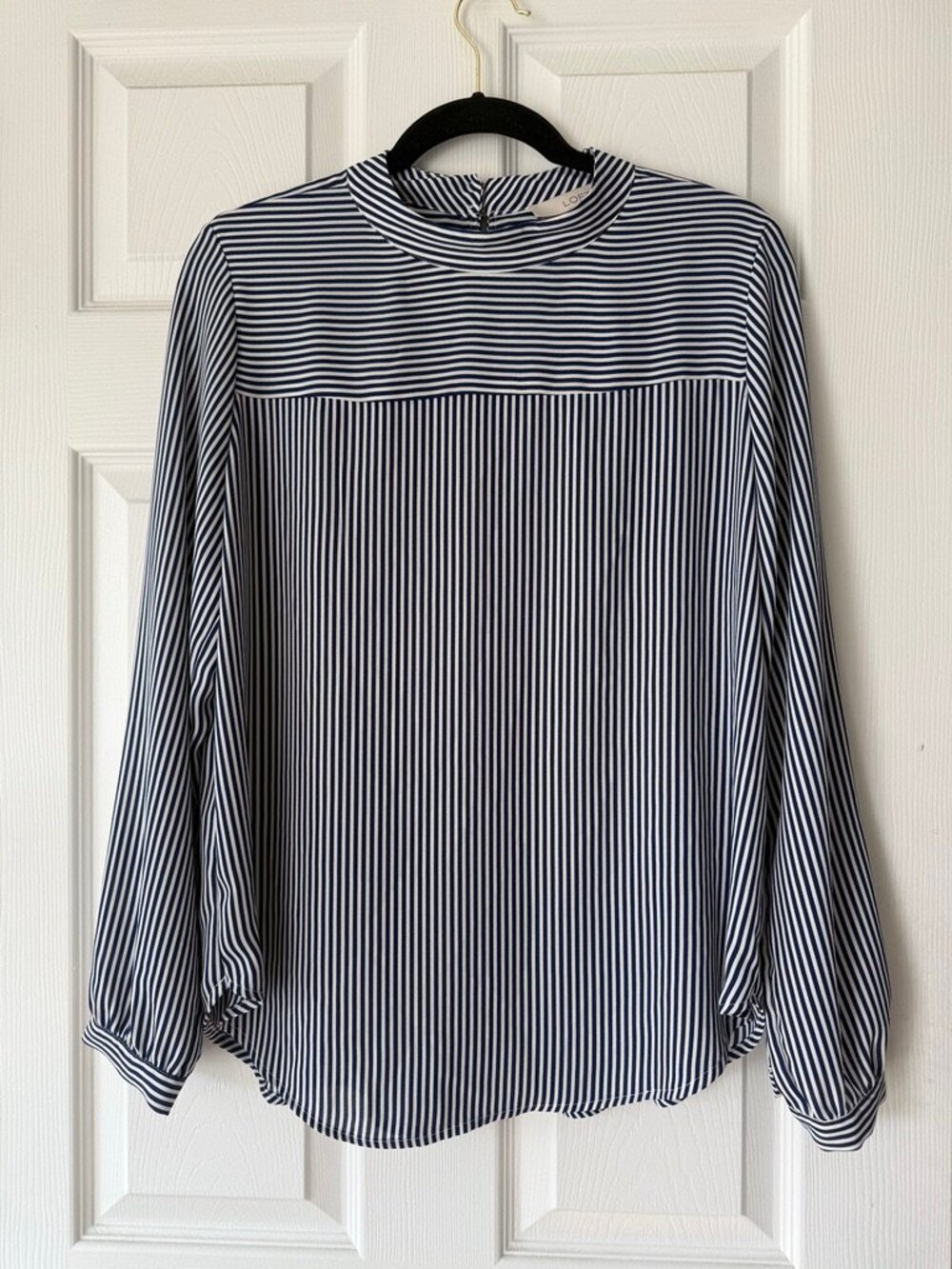 LOFT Women’s Medium Navy White Mixed Stripe Mock Neck Blouse